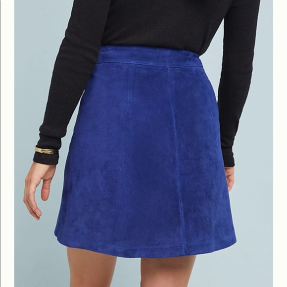BLUE SUEDE LEATHER Anthropologie Button Down Mini Skirt 8 - Picture 3 of 5